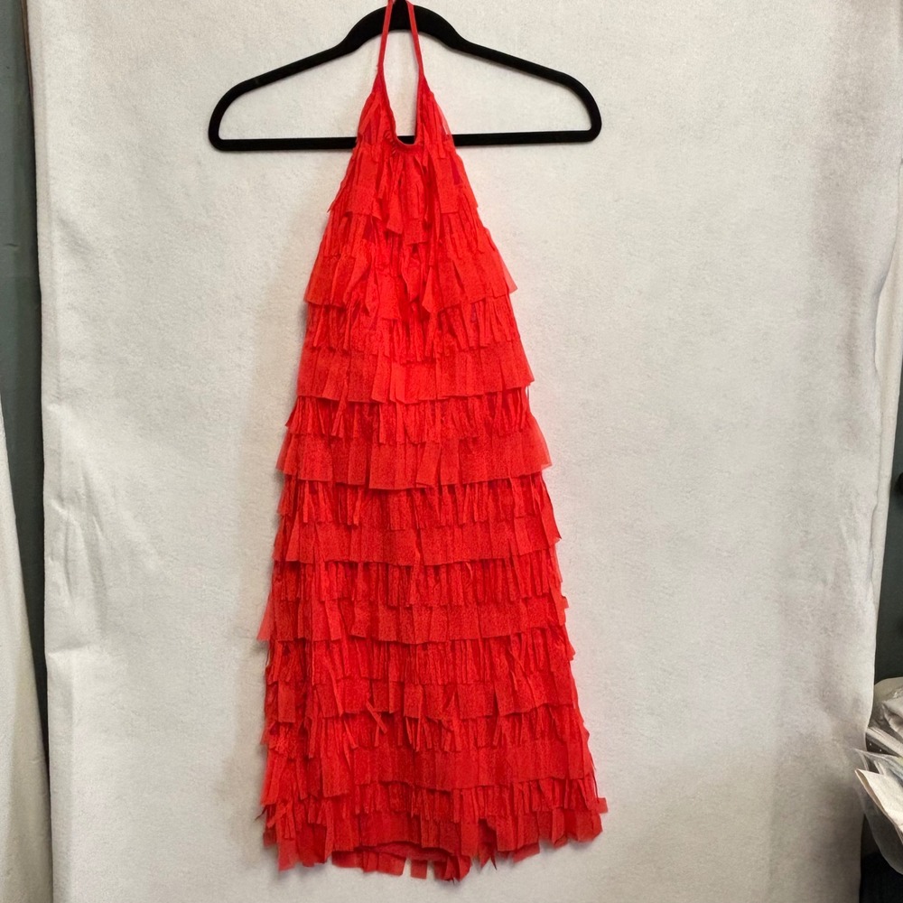 Zara Orange-Red Tiered Fringe Halter Mini Party Dress Open Back Size Large